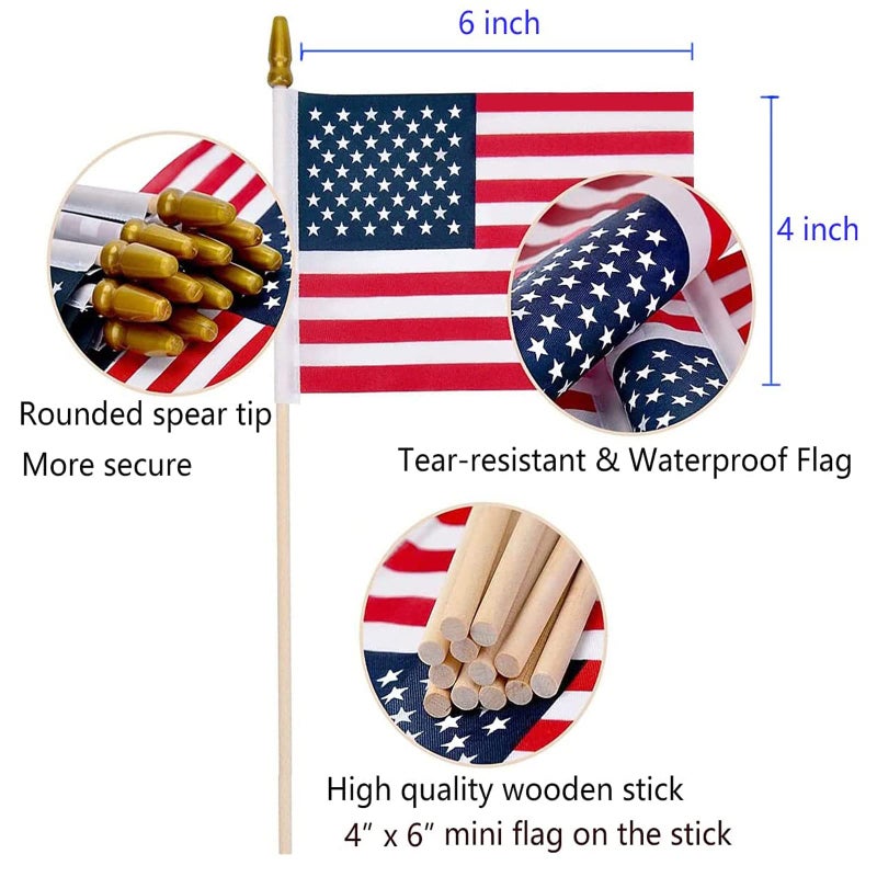 Uelfbaby 100 Pack Small American Flags on Stick, 4x6 Inch Small US Flags/American Flags for Outside, Mini Hand Held Stick Flags with Kid-Safe Spear Top, Memorial Day, Independence Day Decor,Patriotic Decorations - Image 2